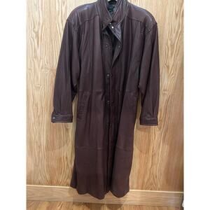 Vintage Saxony Brown Leather Trench Coat Double Closure Long Men's L